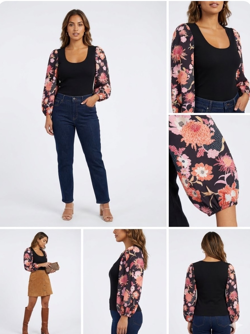 dolan Anthropologie Mixed MediBlack Scoop Neck Top with Pink Floral Puff Sleeves